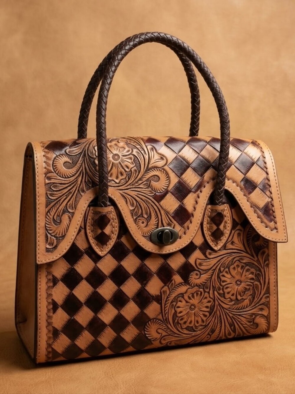 Genuine Leather Hand-Tooled Floral & Checkered Weapon Carry Satchel NWOT